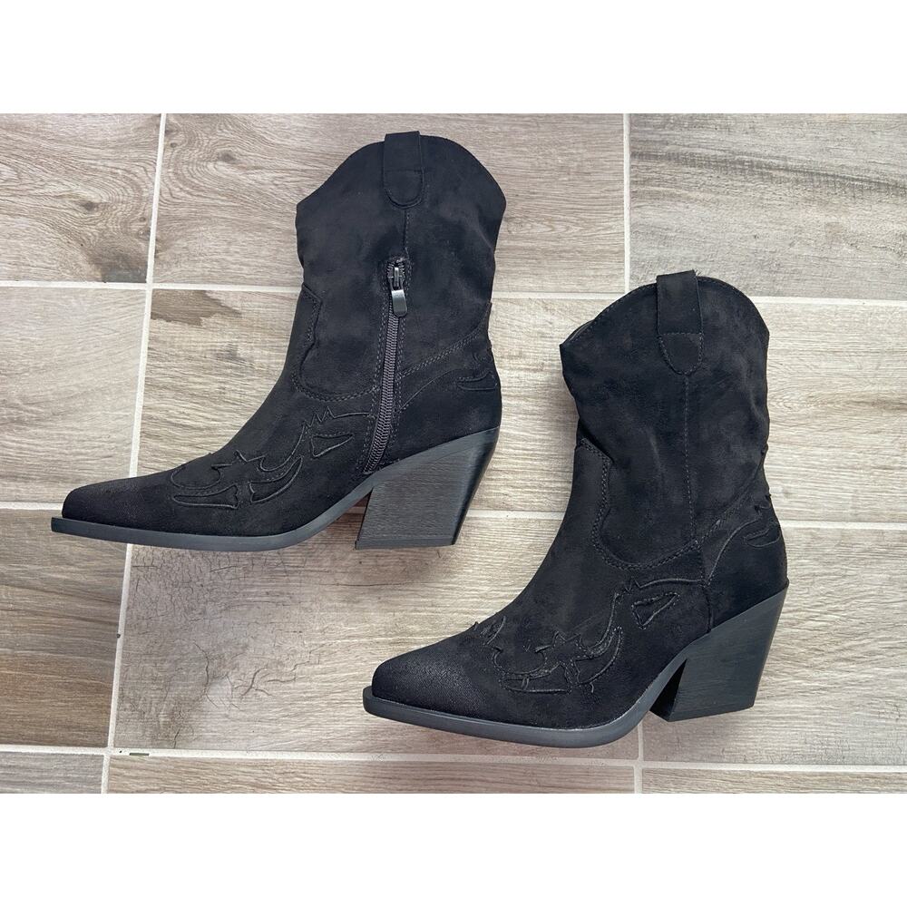 Women's Black Faux Suede Cowboy Boots 7.5 Block Heel Western Festival Concert